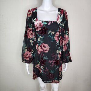 NWOT Yumi Kim Square Neck Blouson Sleeve Burnout Velvet Floral Mini Dress Small